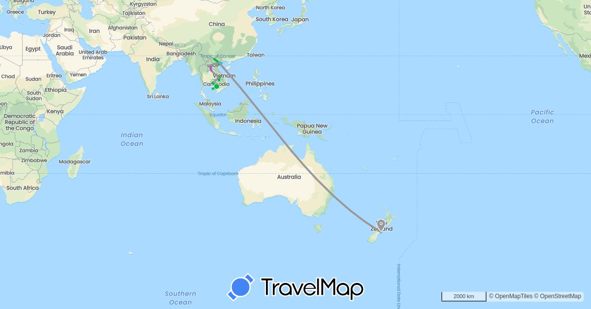 TravelMap itinerary: driving, bus, plane, train, boat in Cambodia, Laos, New Zealand, Vietnam (Asia, Oceania)